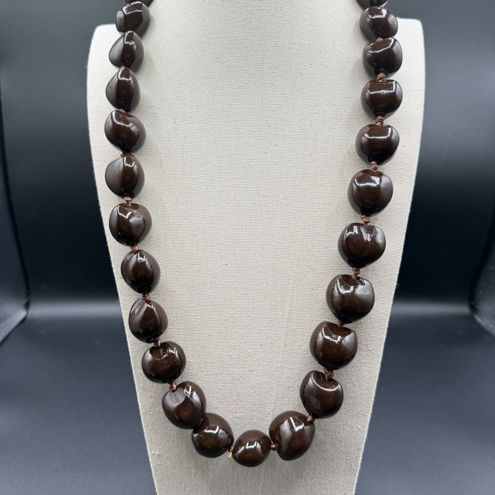 Chunky Dark Brown Organic Bead Necklace Knotted Ribbon Tie Boho Statement Gift